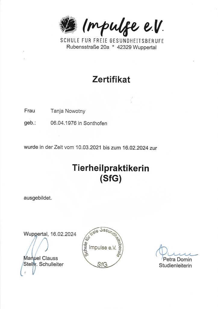 zertifikat tierheilpraktikerin