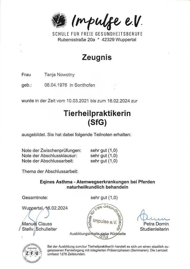 zeugnis tierheilpraktikerin
